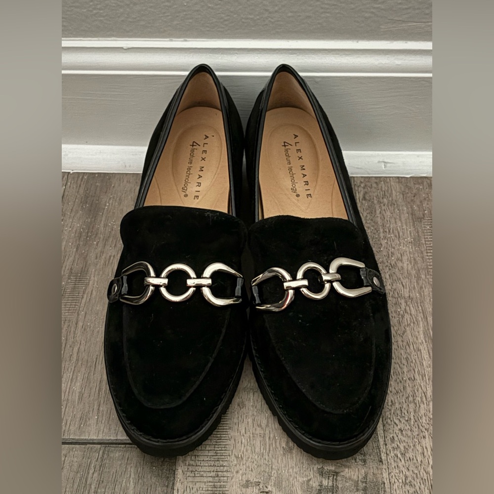 Alex Marie Black Loafers with Silver Chain Detail